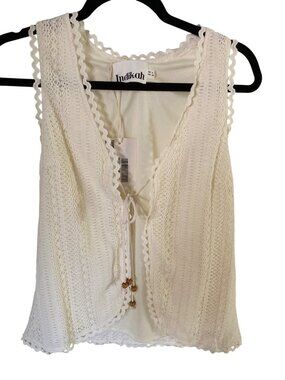 Indikah Womens White Deep V Neck Front Tie Lace closure Vest Tank Top 6  NWT